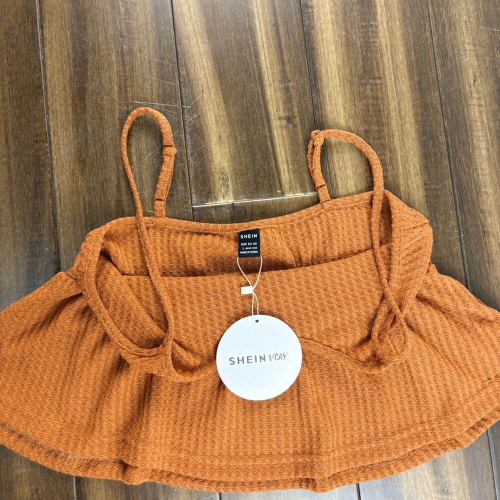 NWT Rust Orange Ribbed Crop Top, Baby Doll, Ruffle Hem Y2K Thin Straps Bella - Picture 2 of 11